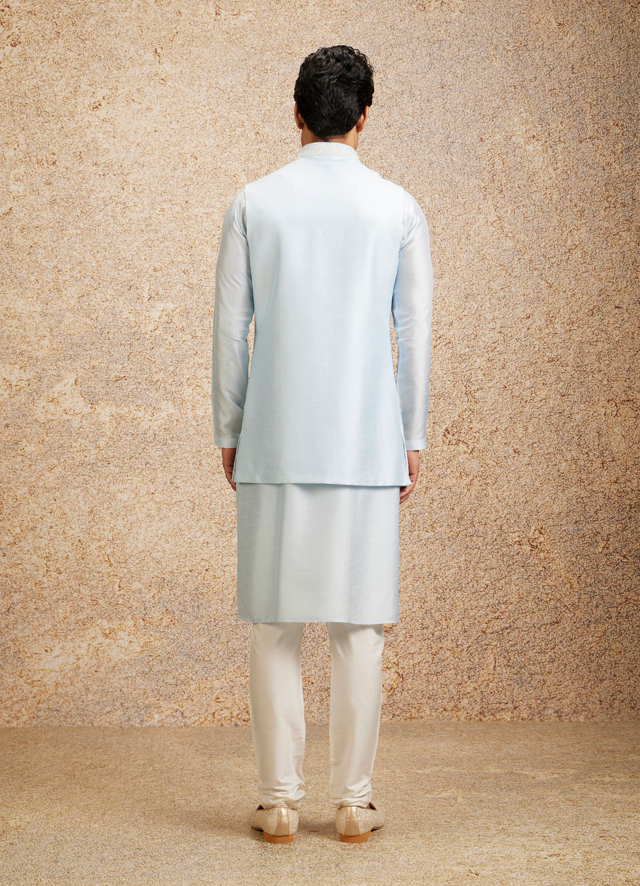 Twamev Men Glistening Light Blue Kurta Jacket Set