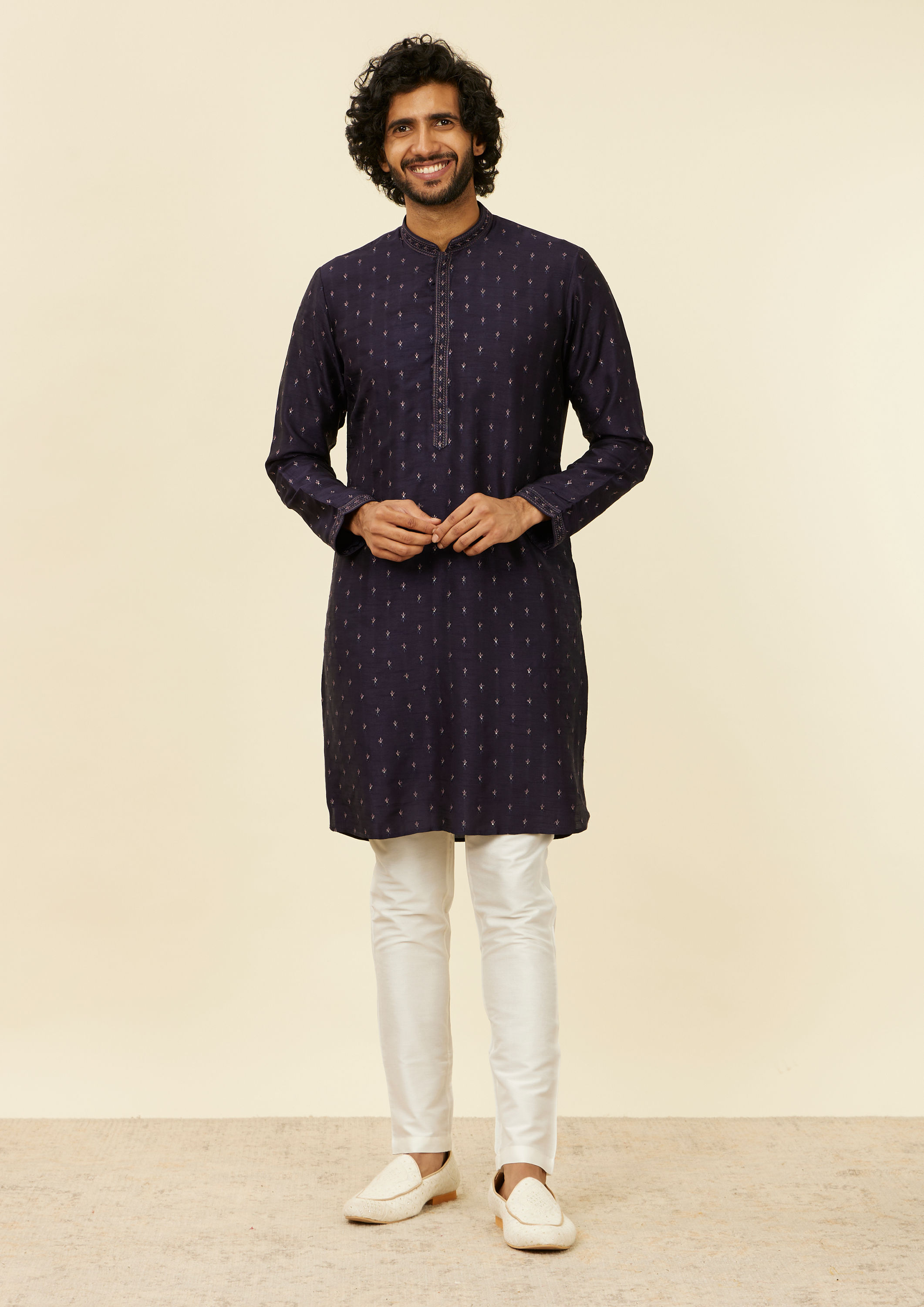 Twamev Men Dark Blue Buta Patterned Kurta Jacket Set