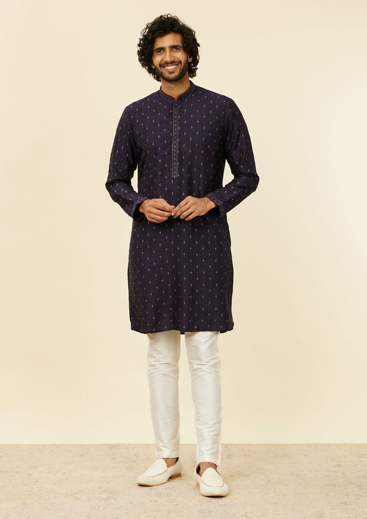 Twamev Men Dark Blue Buta Patterned Kurta Jacket Set