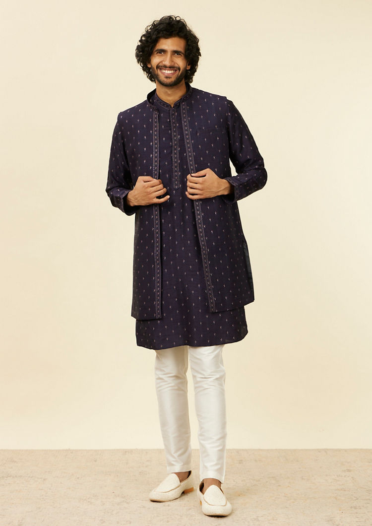 Twamev Men Dark Blue Buta Patterned Kurta Jacket Set