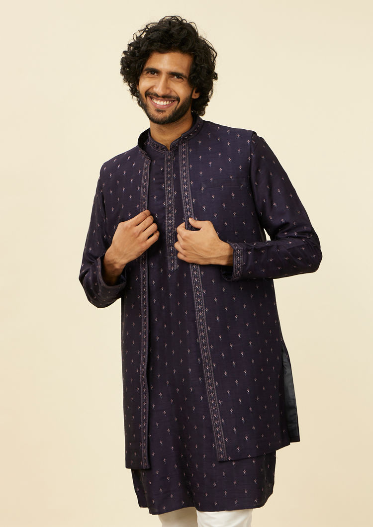 Twamev Men Dark Blue Buta Patterned Kurta Jacket Set