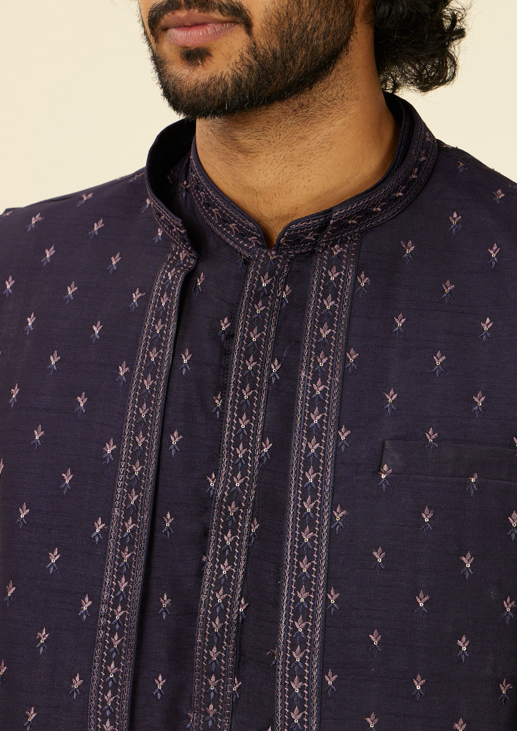 Twamev Men Dark Blue Buta Patterned Kurta Jacket Set