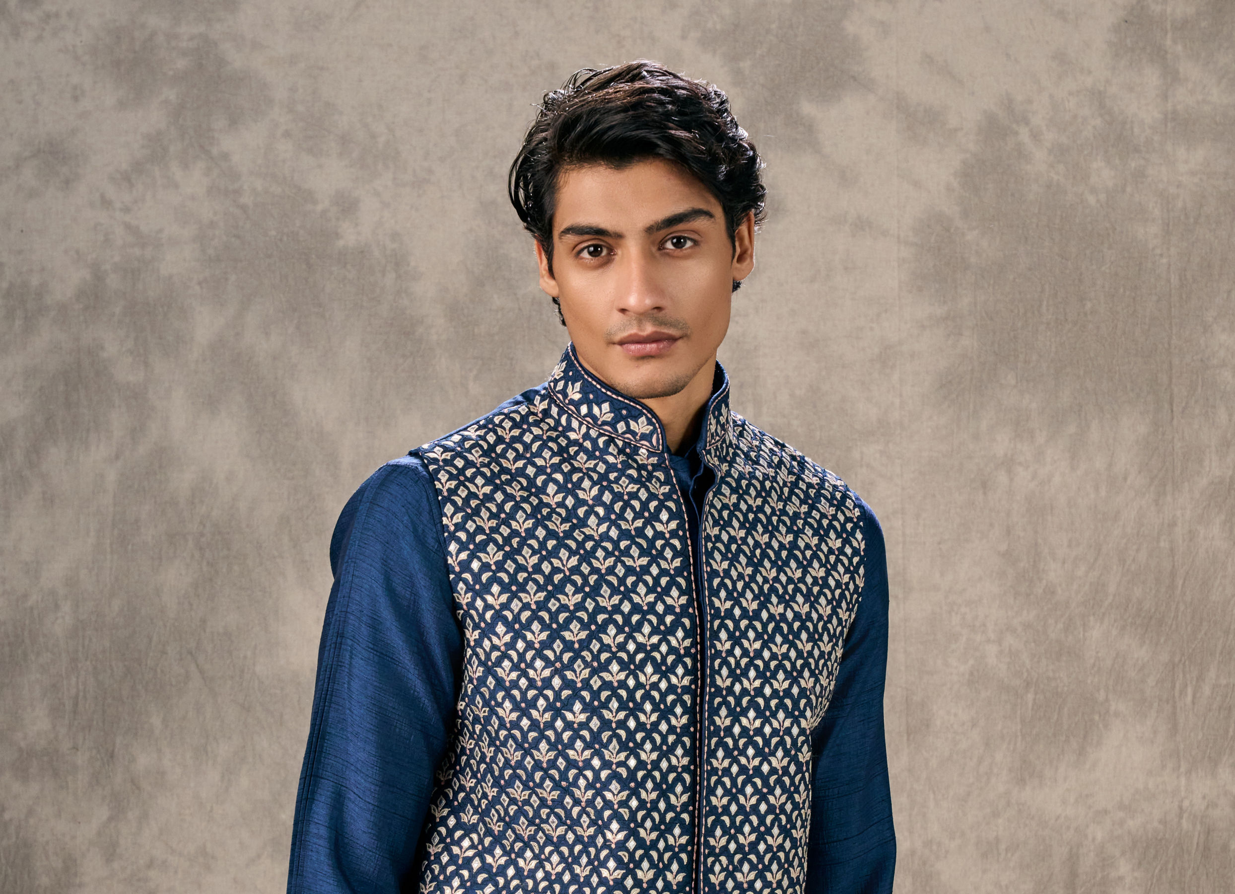 Twamev Men Dark Blue Splendour Kurta Jacket Set