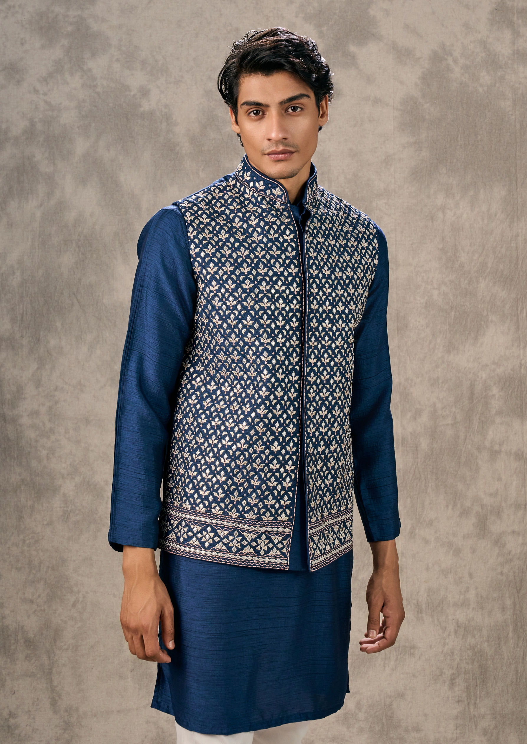Twamev Men Dark Blue Splendour Kurta Jacket Set