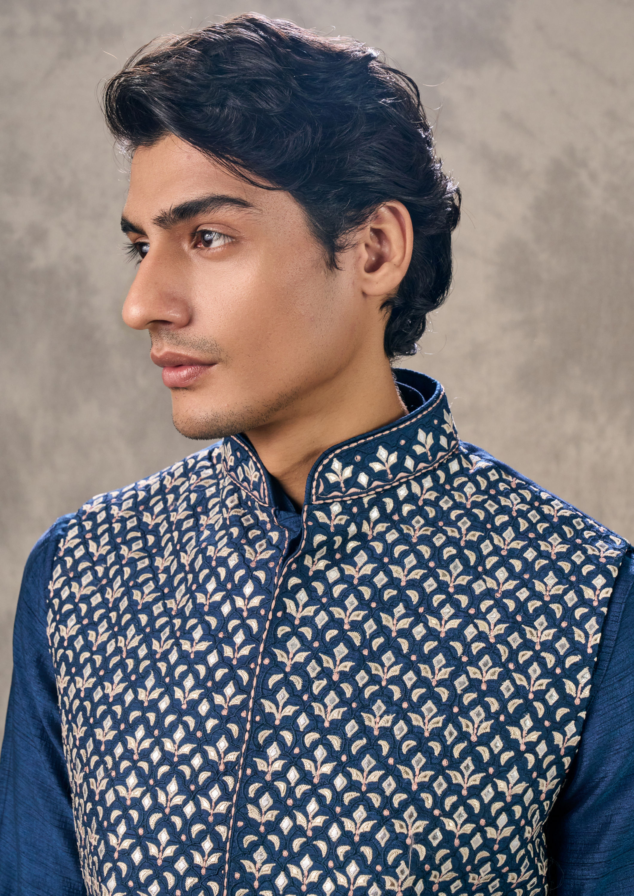Twamev Men Dark Blue Splendour Kurta Jacket Set