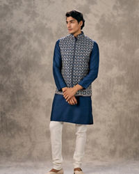 Twamev Men Dark Blue Splendour Kurta Jacket Set