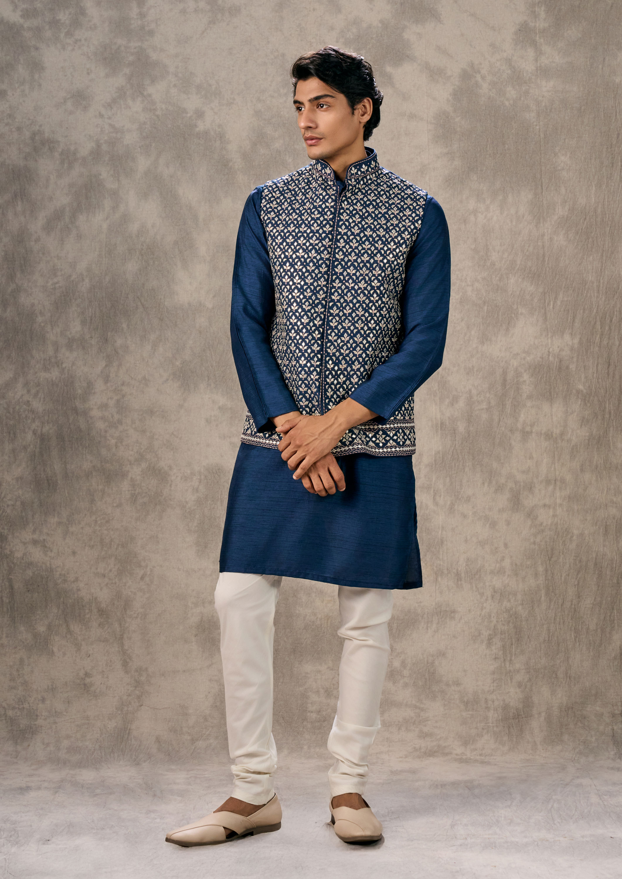 Twamev Men Dark Blue Splendour Kurta Jacket Set
