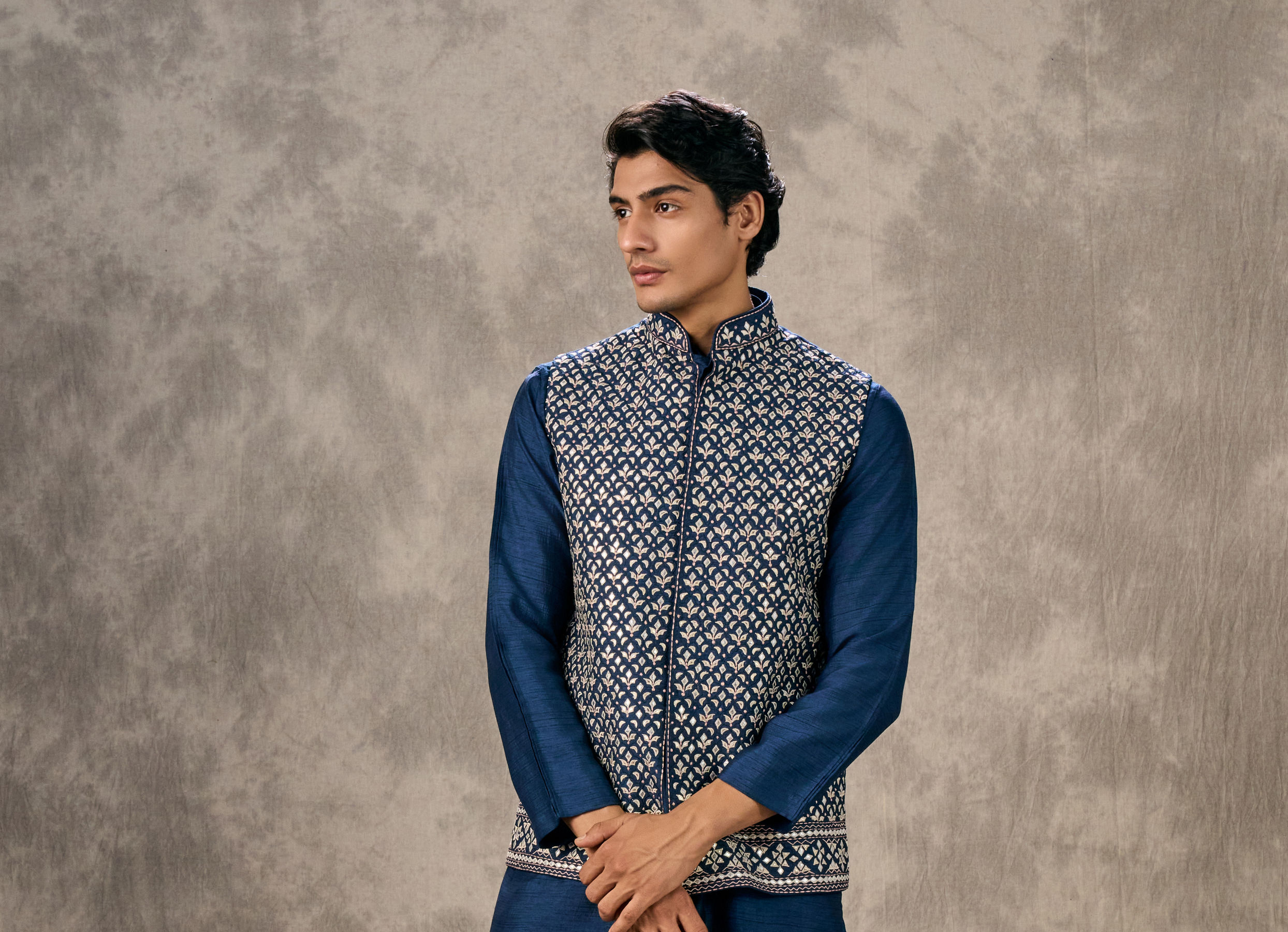 Twamev Men Dark Blue Splendour Kurta Jacket Set