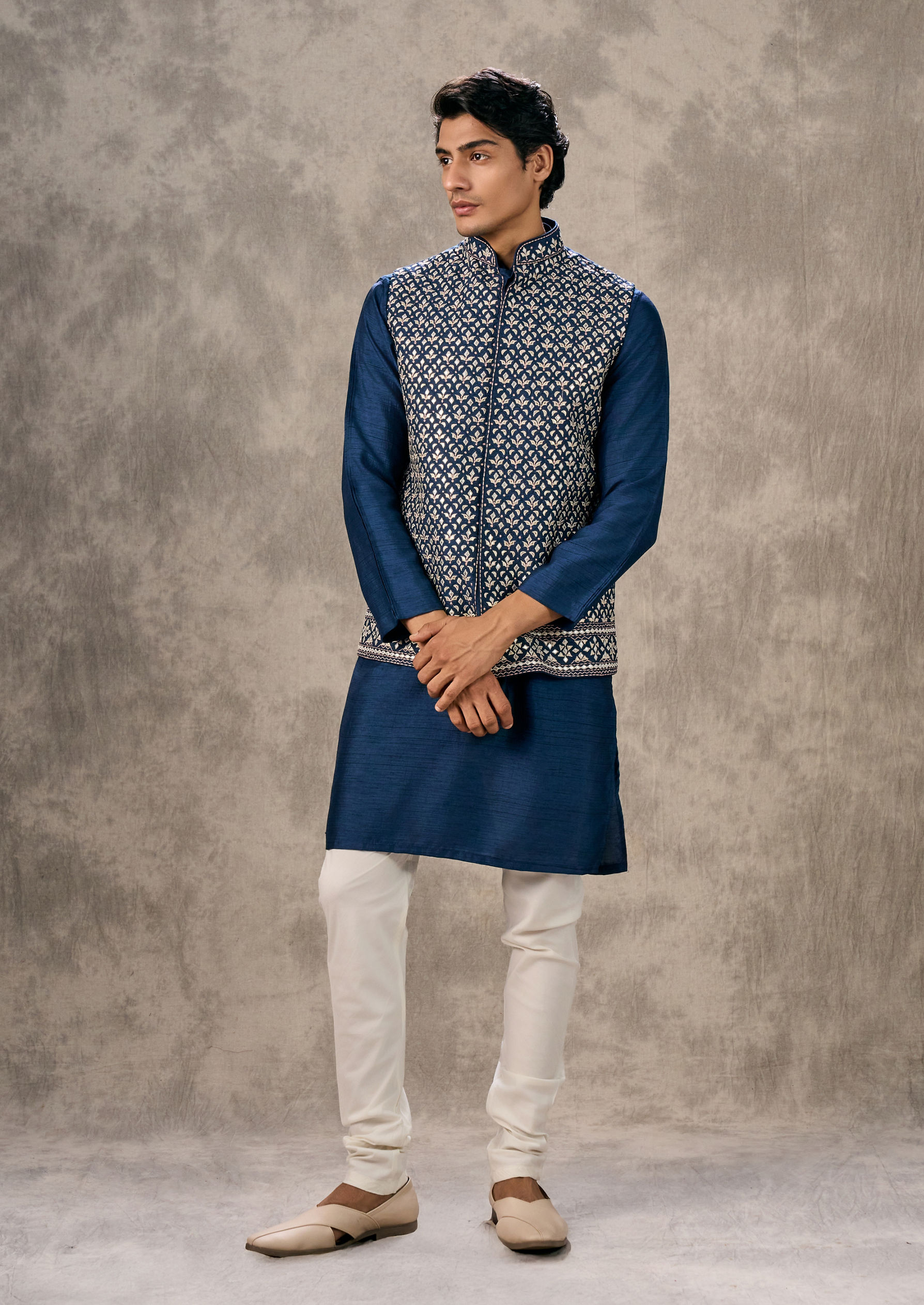 Twamev Men Dark Blue Splendour Kurta Jacket Set