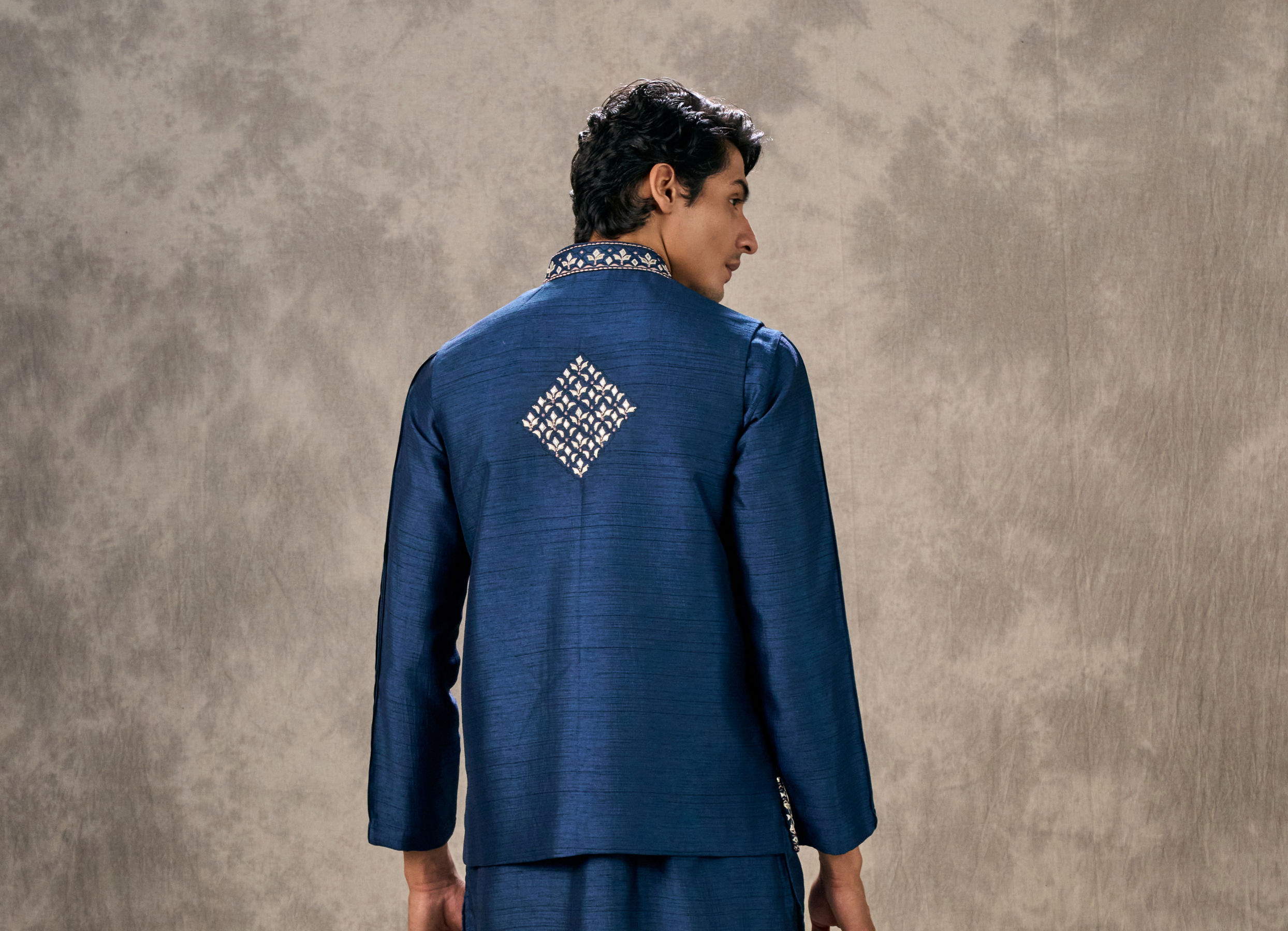 Twamev Men Dark Blue Splendour Kurta Jacket Set