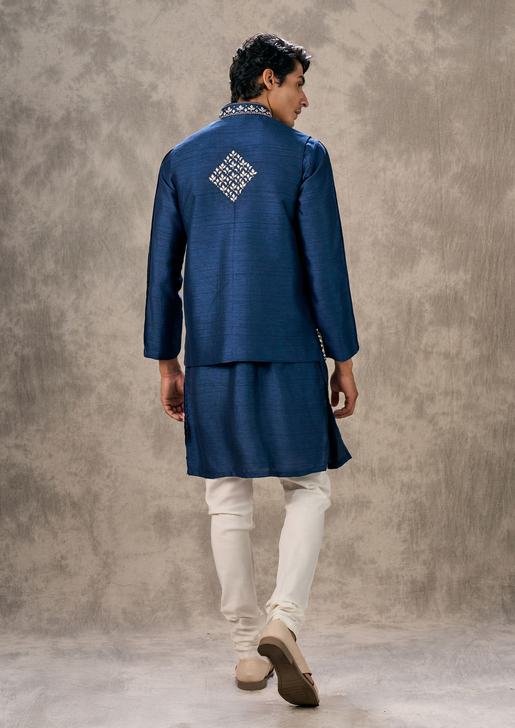 Twamev Men Dark Blue Splendour Kurta Jacket Set