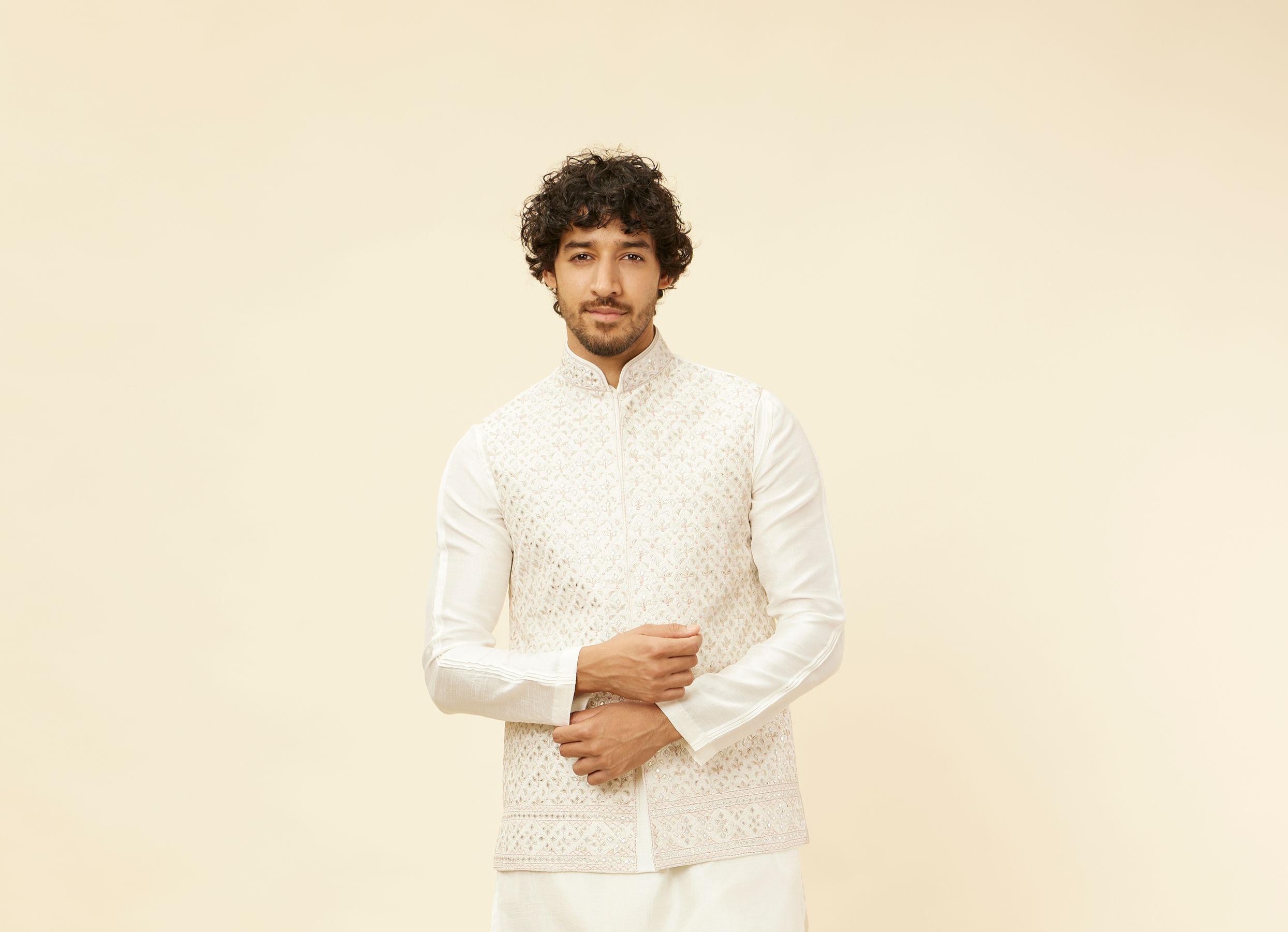 Twamev Men Cream Elegance Kurta Jacket Set