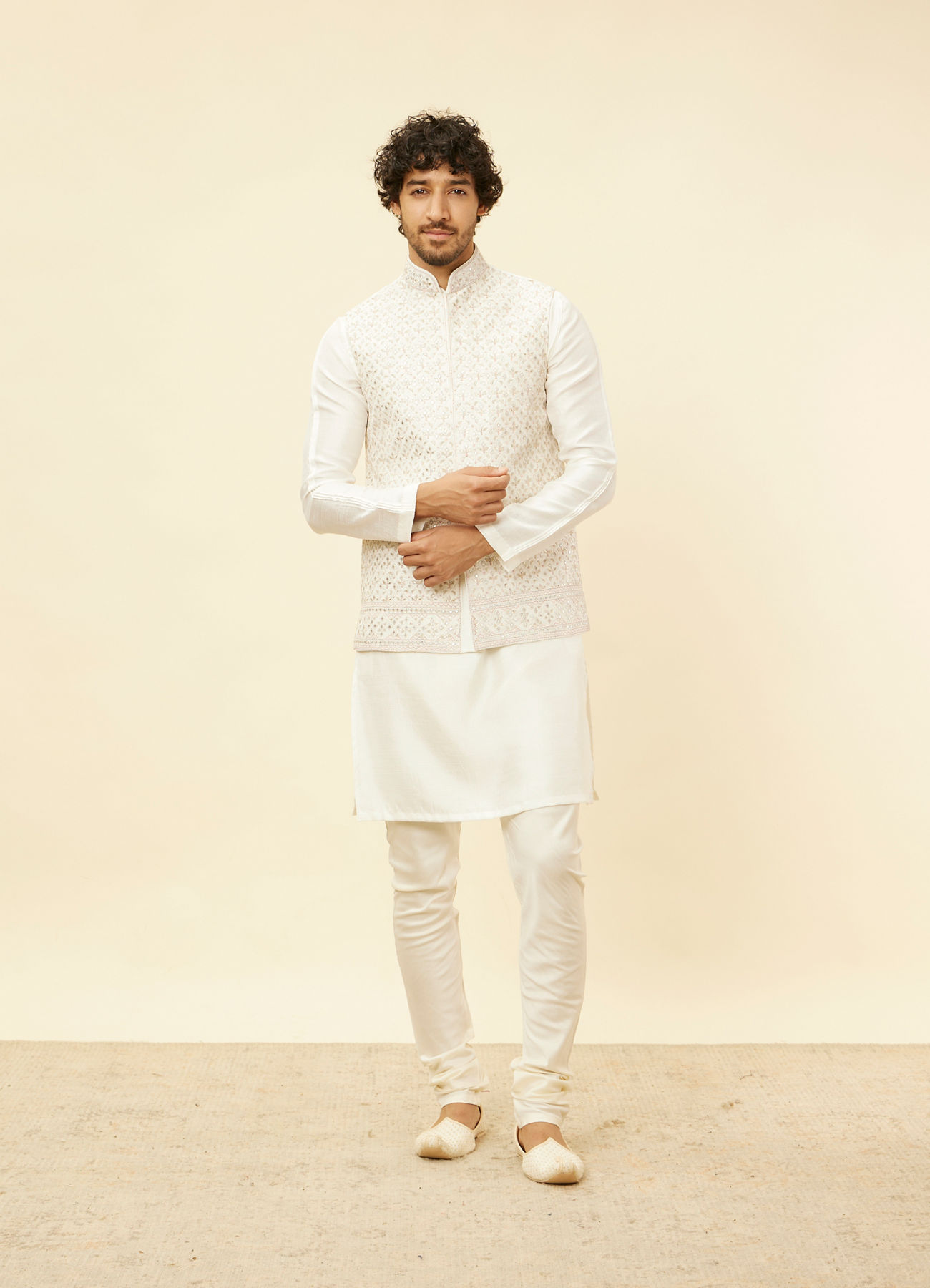 Twamev Men Cream Elegance Kurta Jacket Set