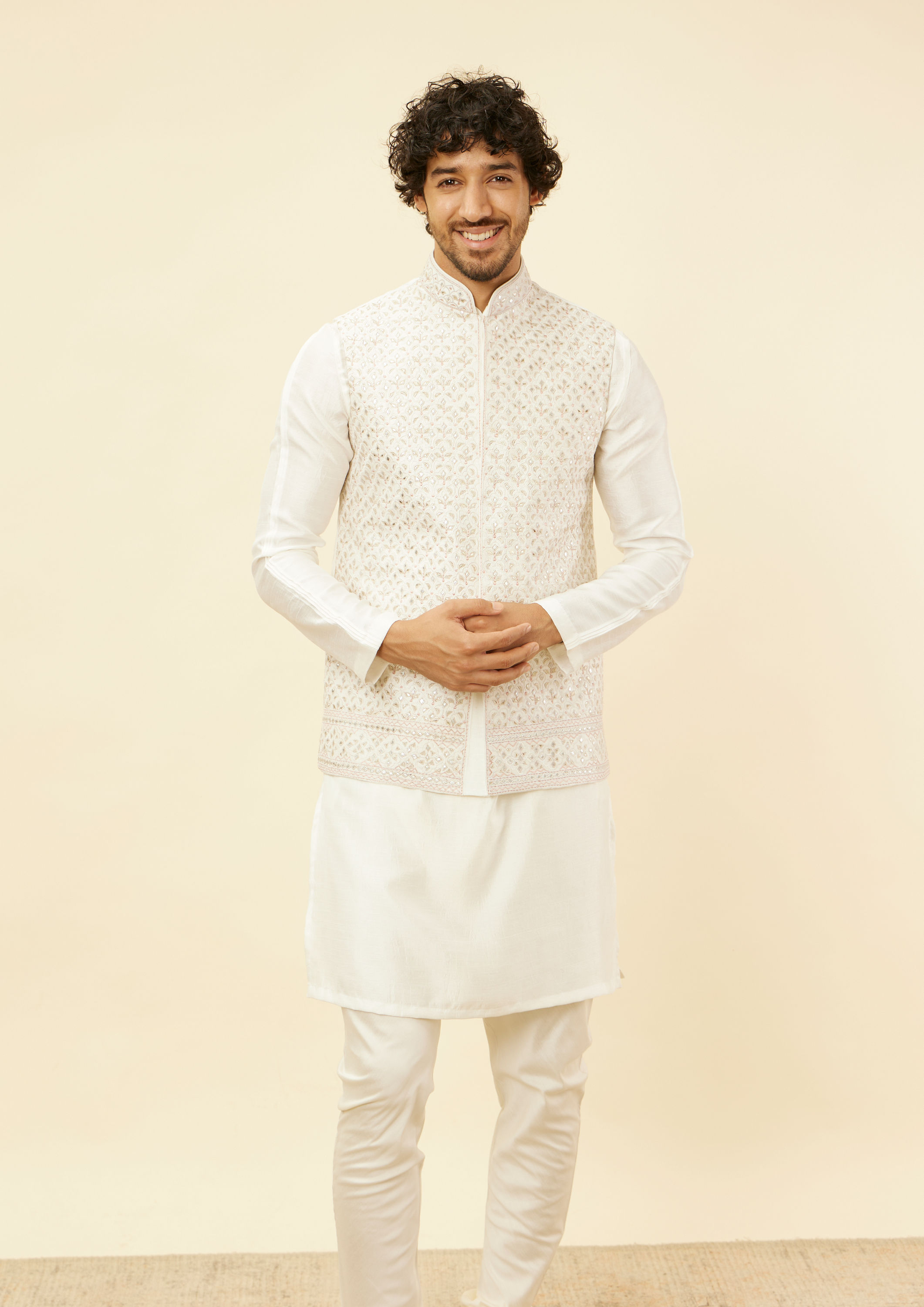 Twamev Men Cream Elegance Kurta Jacket Set