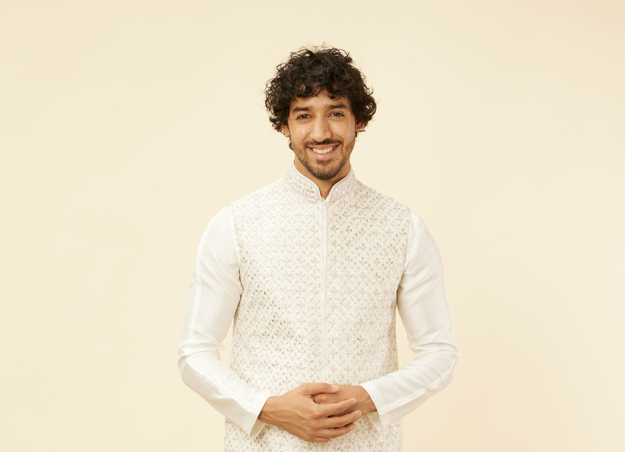 Twamev Men Cream Elegance Kurta Jacket Set