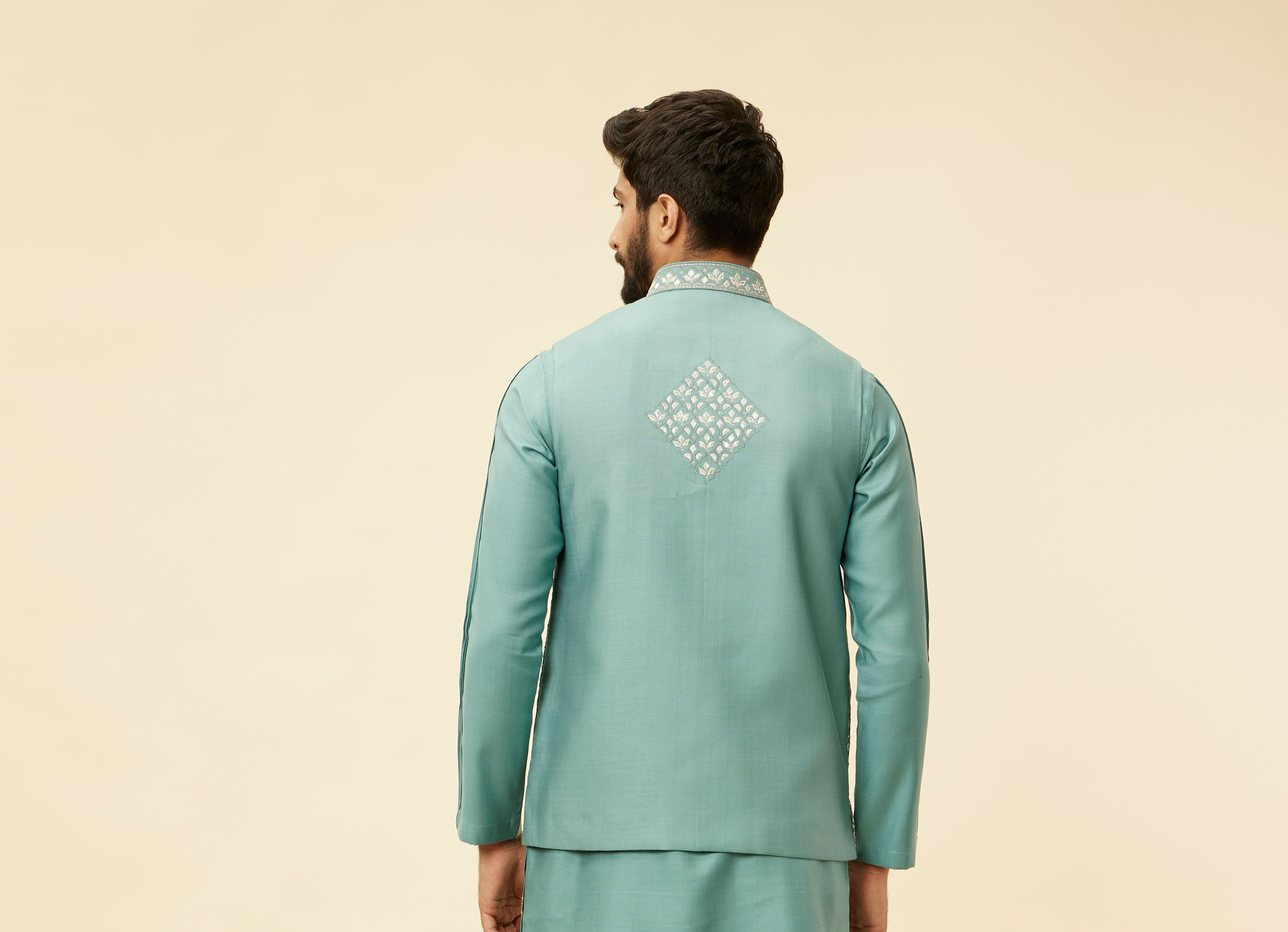 Twamev Men Mid Blue Floral Blue Patterned Kurta Jacket Set