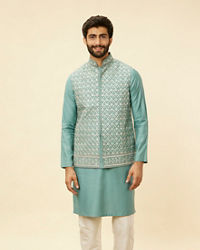 Twamev Men Mid Blue Floral Blue Patterned Kurta Jacket Set