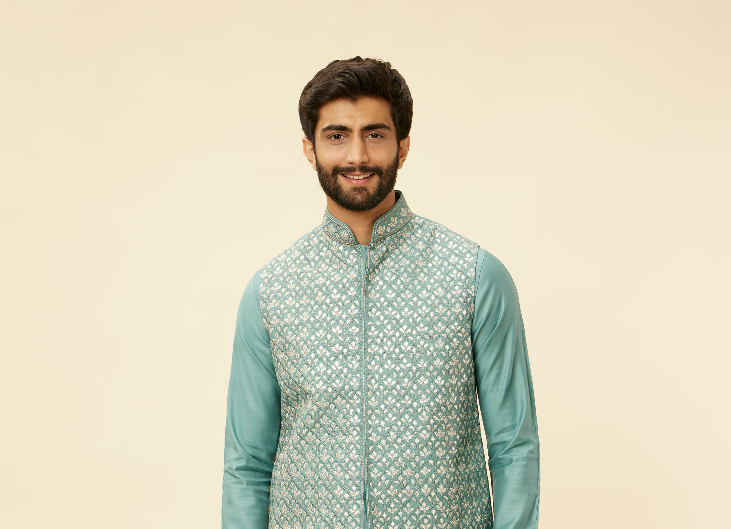 Twamev Men Mid Blue Floral Blue Patterned Kurta Jacket Set