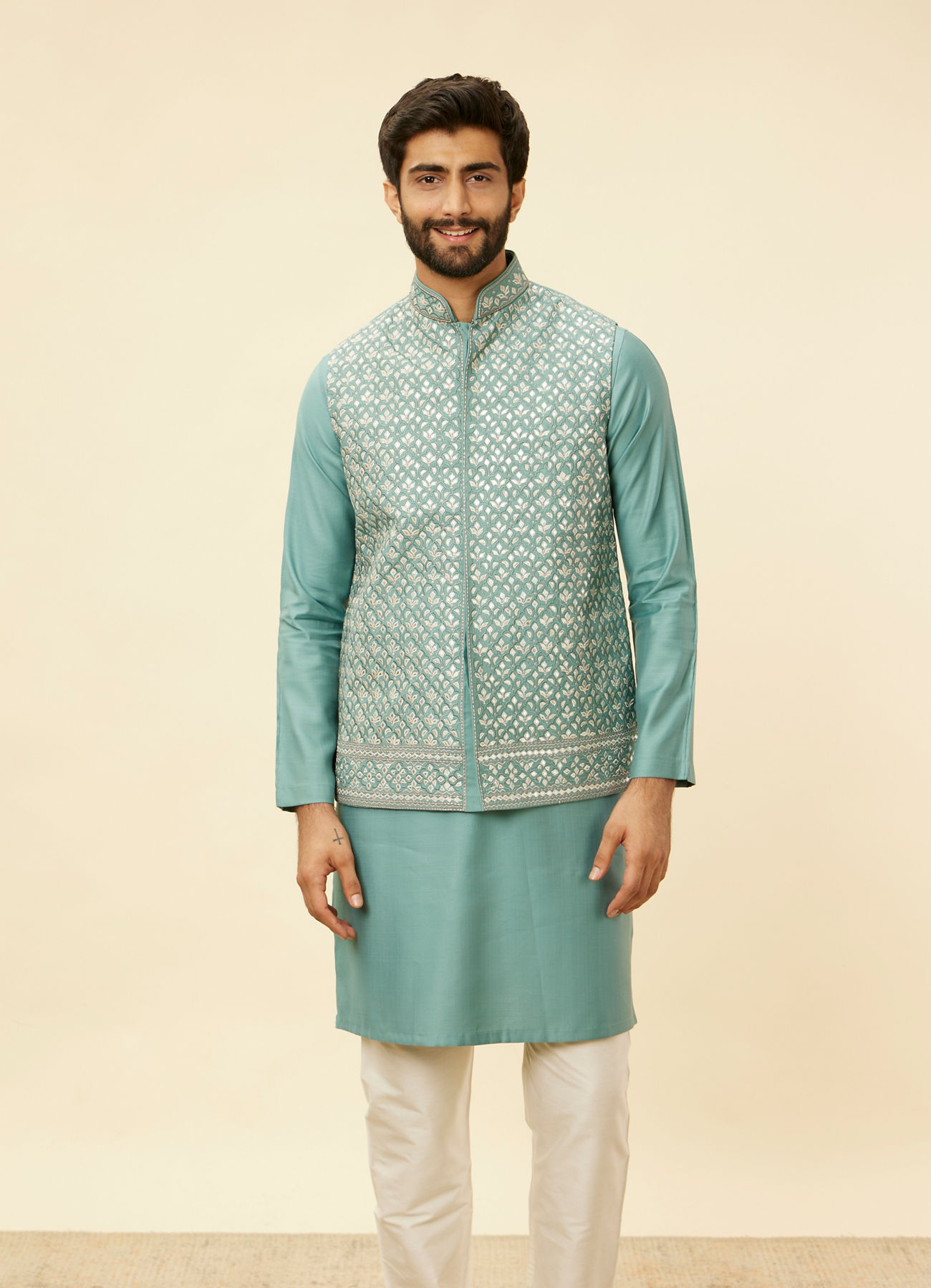 Twamev Men Mid Blue Floral Blue Patterned Kurta Jacket Set