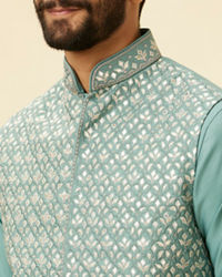 Twamev Men Mid Blue Floral Blue Patterned Kurta Jacket Set