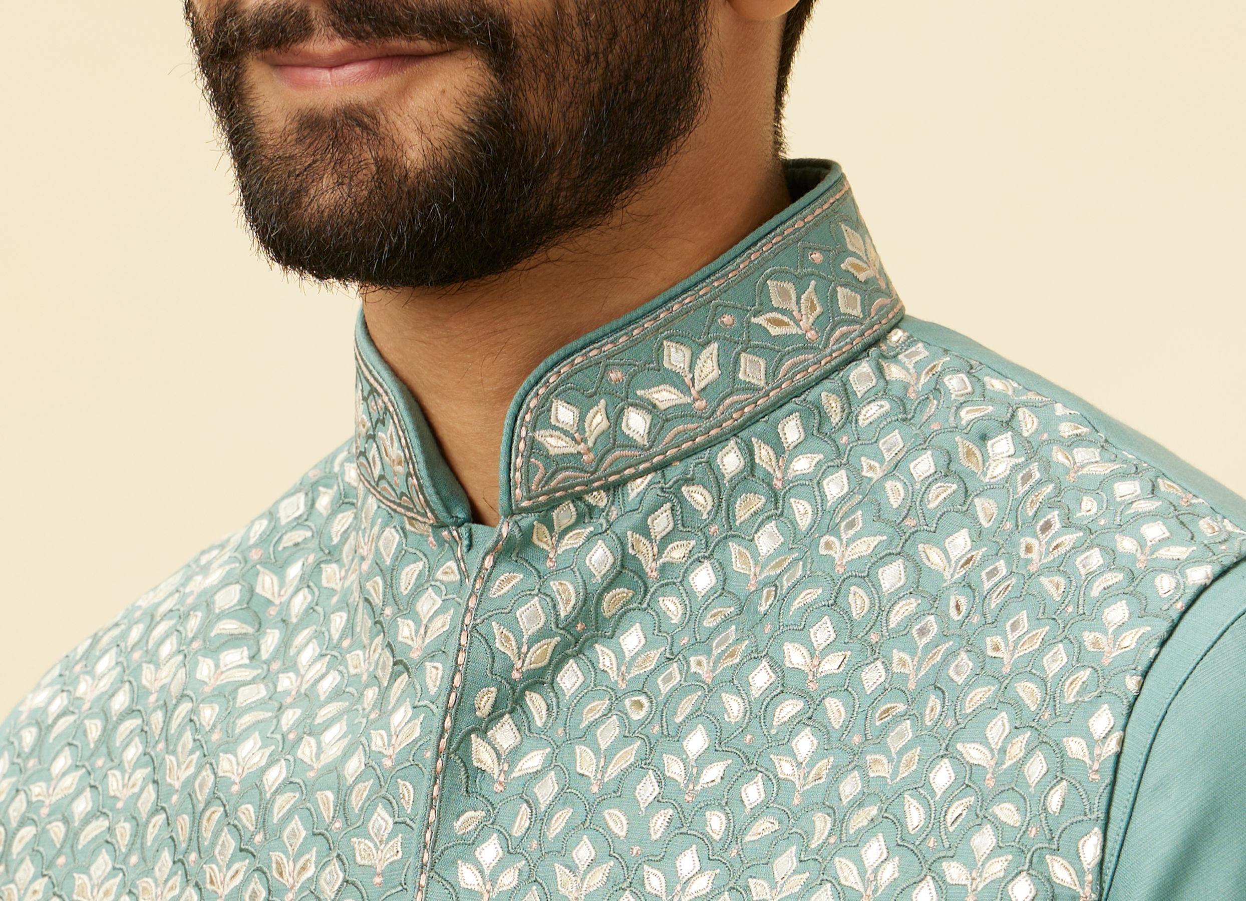 Twamev Men Mid Blue Floral Blue Patterned Kurta Jacket Set