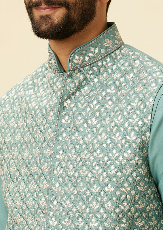 Twamev Men Mid Blue Floral Blue Patterned Kurta Jacket Set image number 1