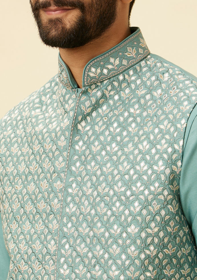 Twamev Men Mid Blue Floral Blue Patterned Kurta Jacket Set