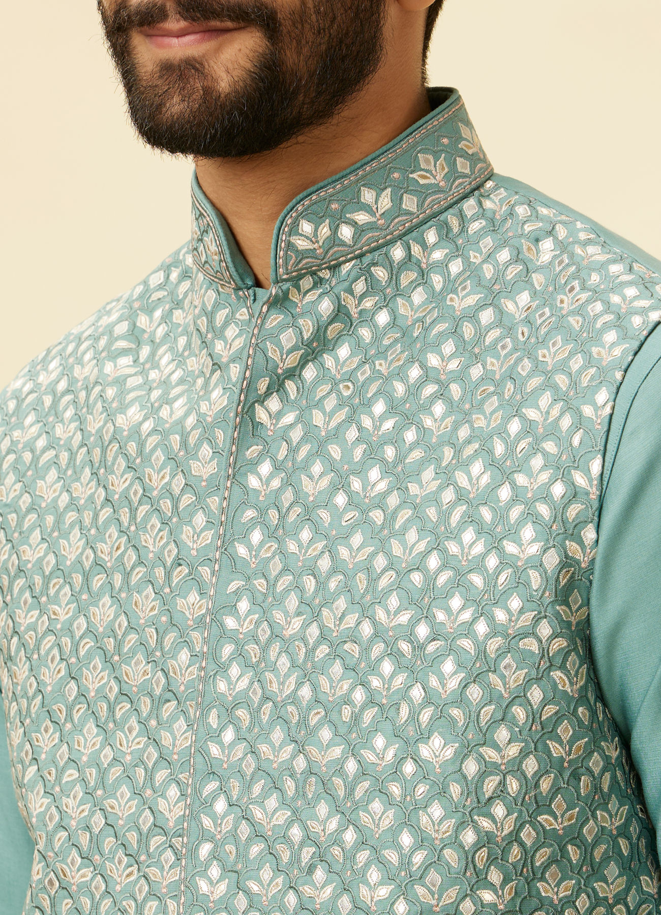 Twamev Men Mid Blue Floral Blue Patterned Kurta Jacket Set