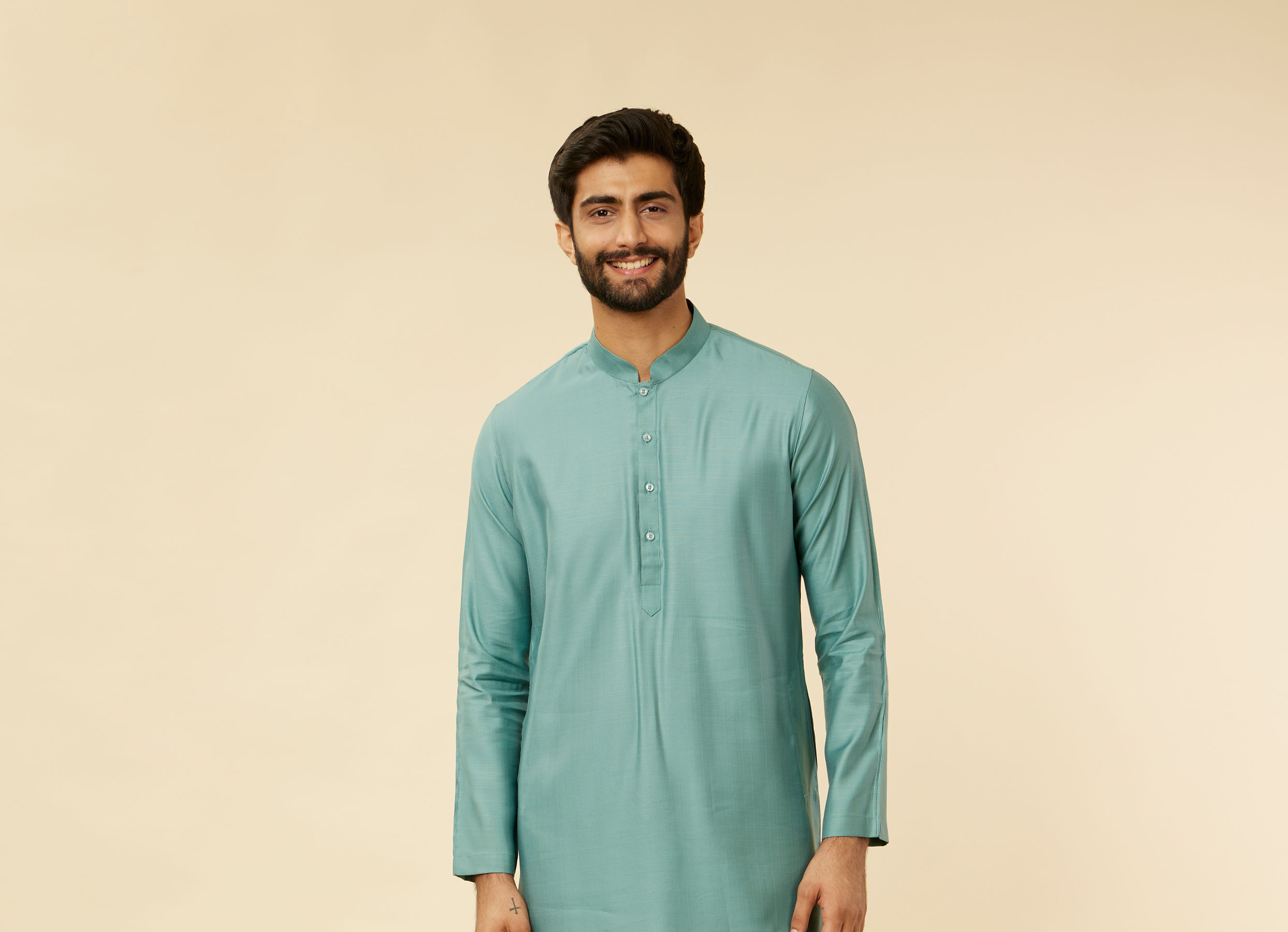 Twamev Men Mid Blue Floral Blue Patterned Kurta Jacket Set