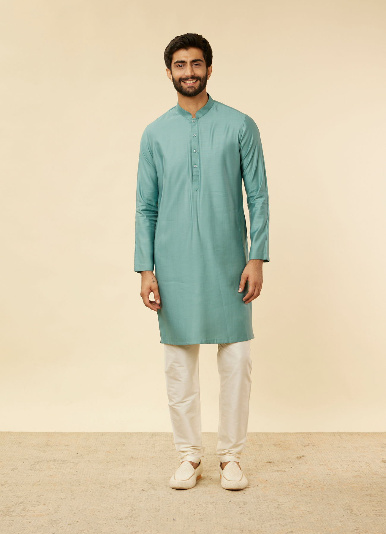 Twamev Men Mid Blue Floral Blue Patterned Kurta Jacket Set