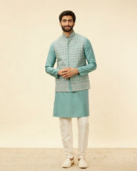 Twamev Men Mid Blue Floral Blue Patterned Kurta Jacket Set