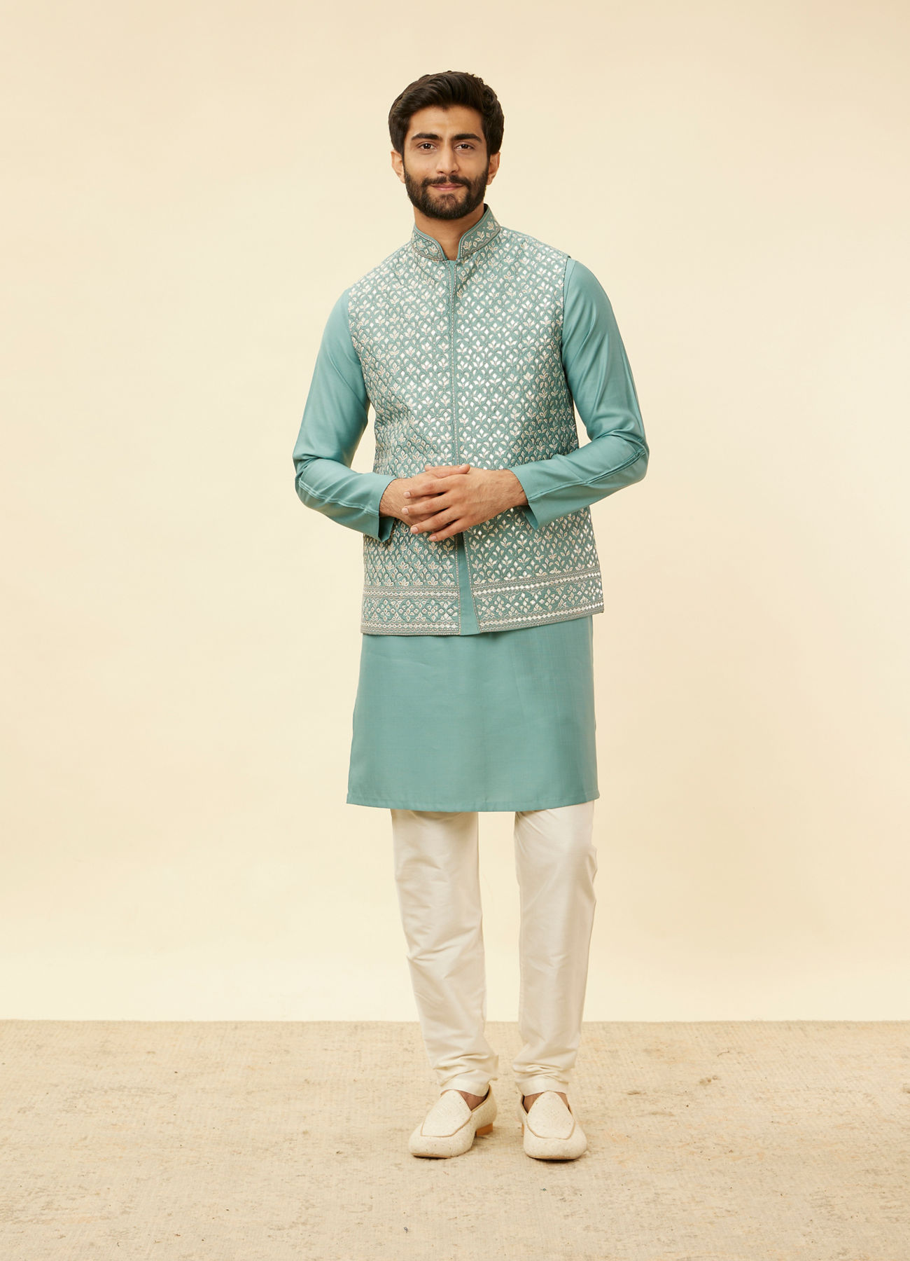 Twamev Men Mid Blue Floral Blue Patterned Kurta Jacket Set