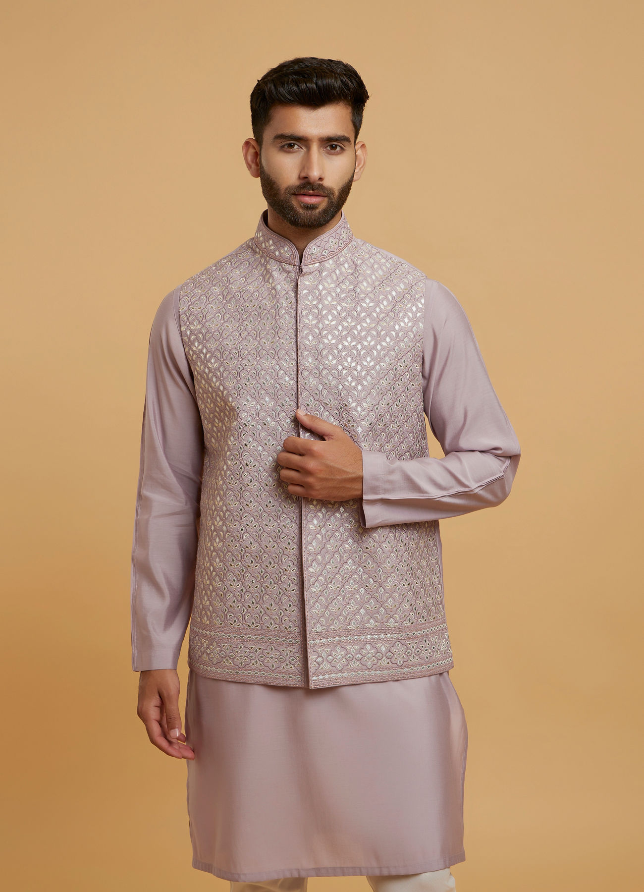 Twamev Men Lilac Grandeur Kurta Jacket Set