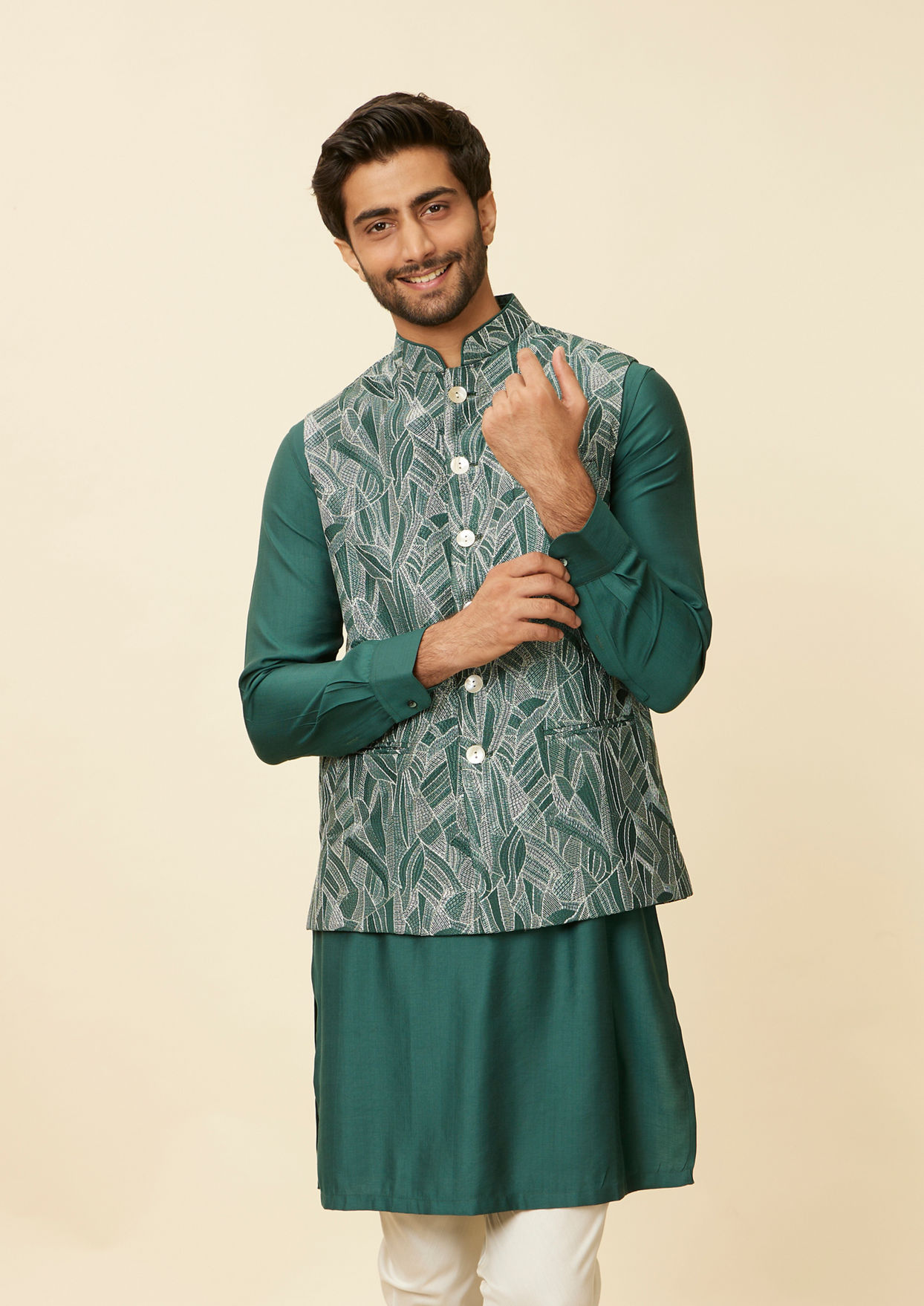 alt message - Twamev Men Teal Green Extravaganza Kurta Jacket Set image number 0