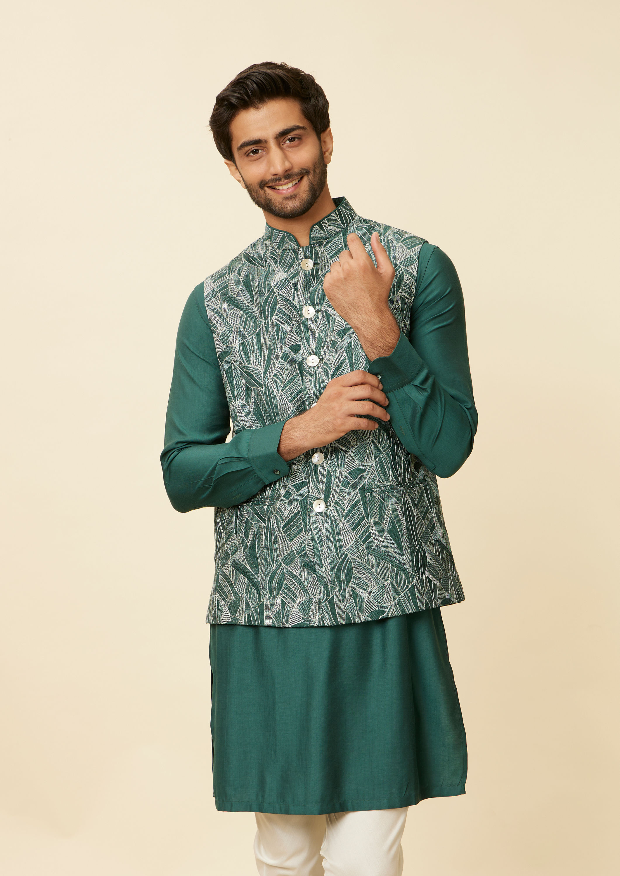 Twamev Men Teal Green Extravaganza Kurta Jacket Set