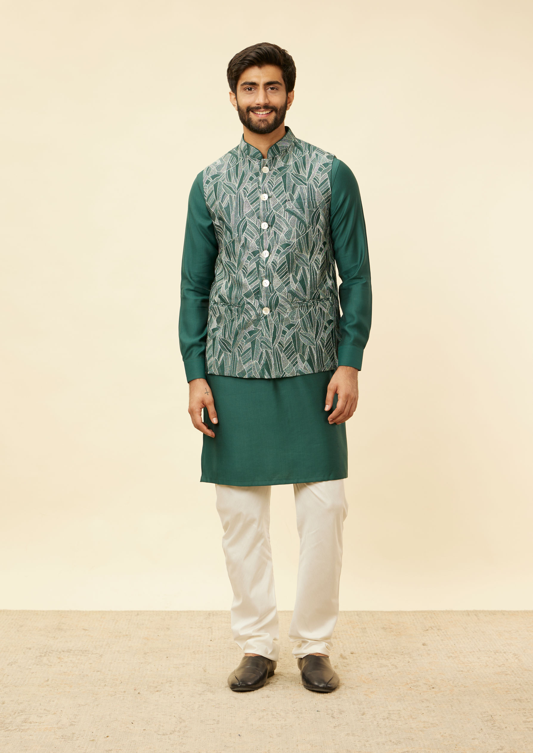 Twamev Men Teal Green Extravaganza Kurta Jacket Set