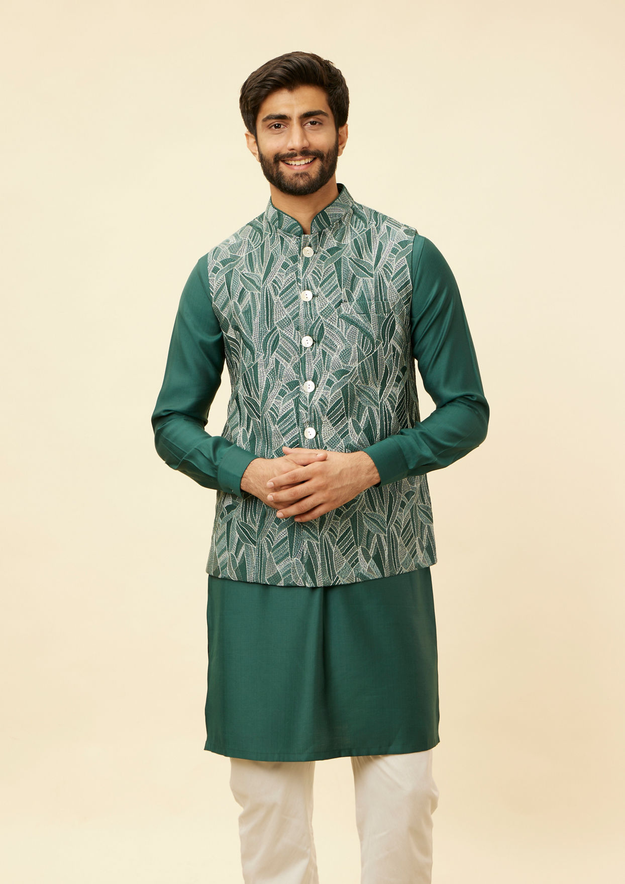 alt message - Twamev Men Teal Green Extravaganza Kurta Jacket Set image number 1