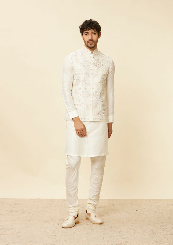 Twamev Men Cream Embroidered Design Jacket set