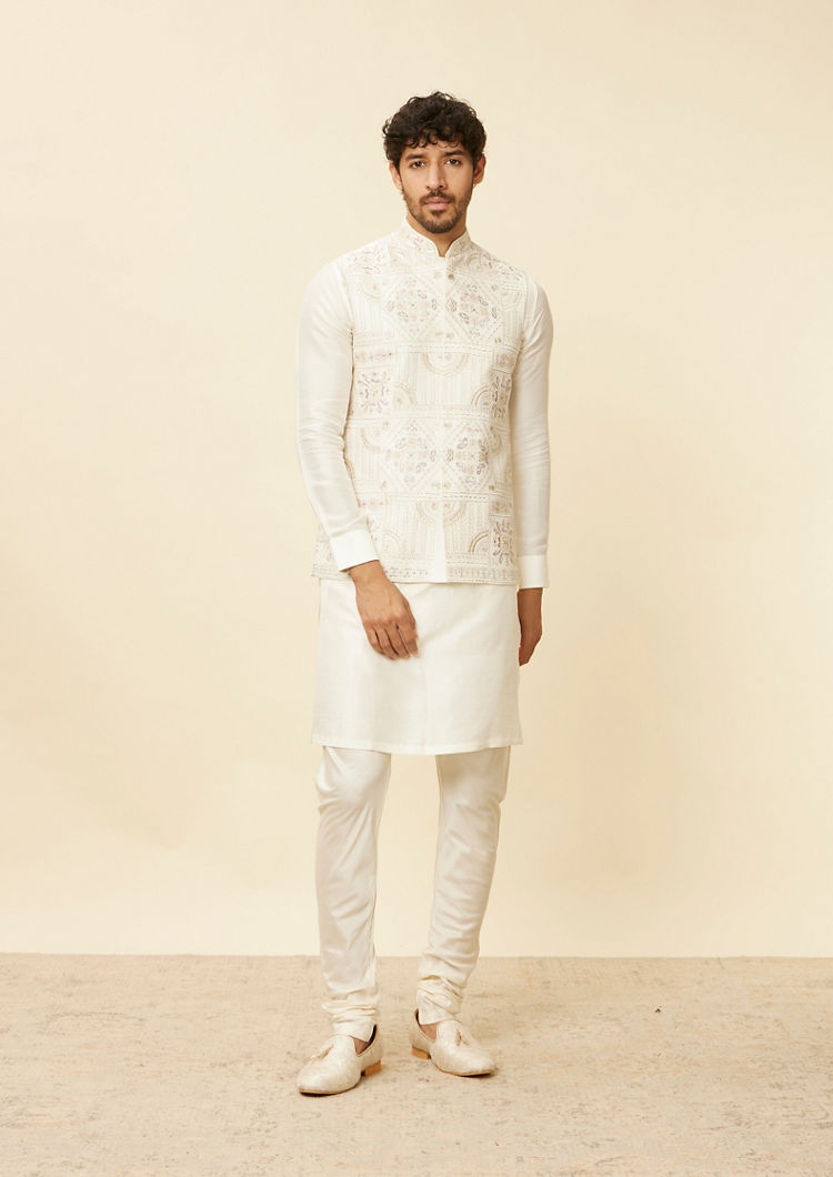 Twamev Men Cream Embroidered Design Jacket set