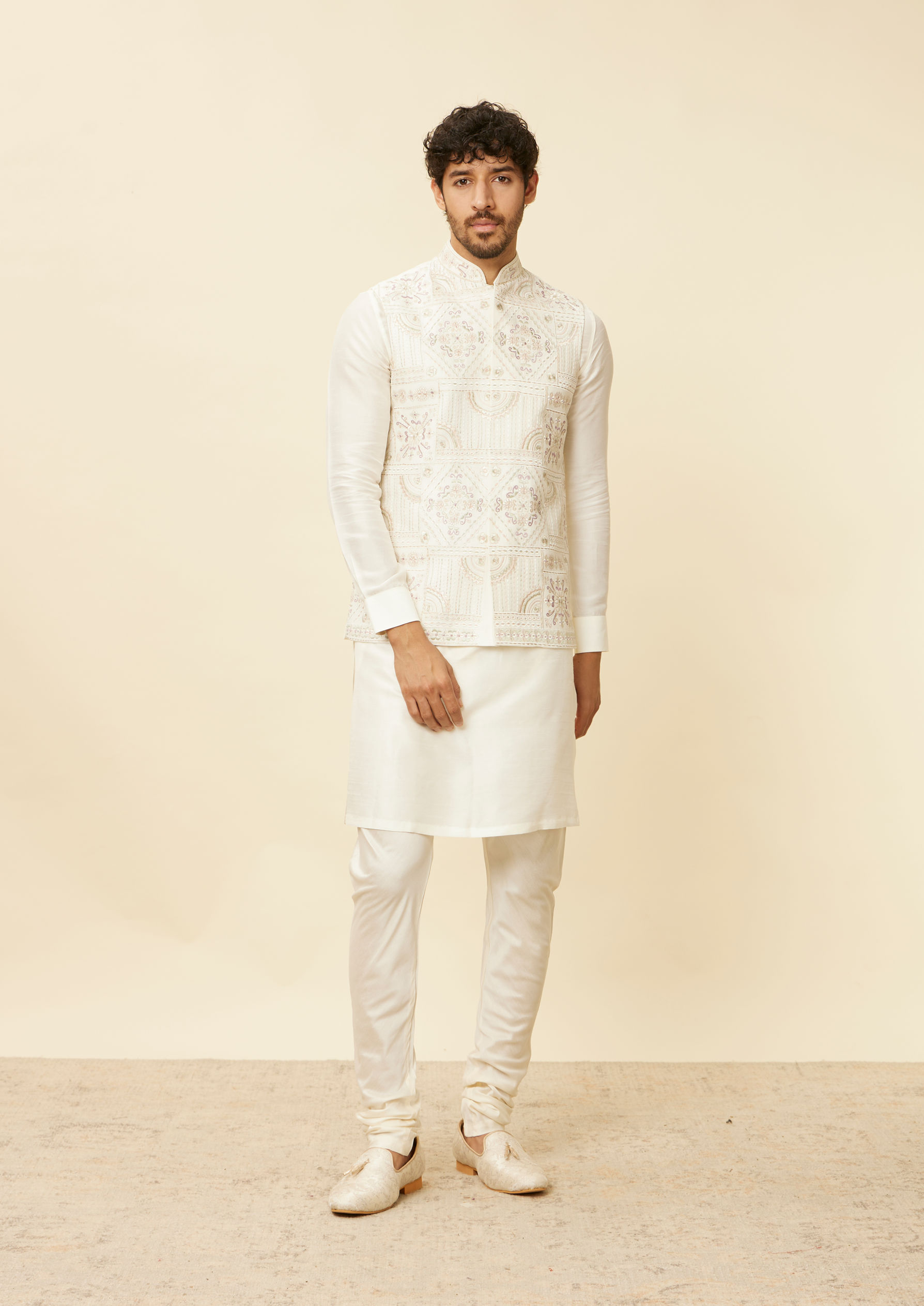 Twamev Men Cream Embroidered Design Jacket set