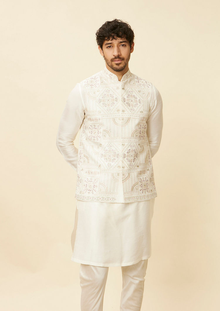 Twamev Men Cream Embroidered Design Jacket set