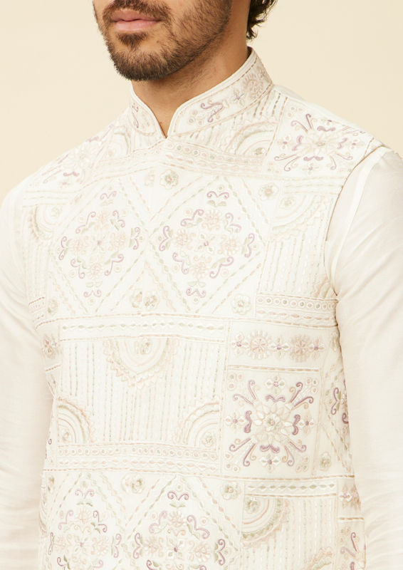 Twamev Men Cream Embroidered Design Jacket set