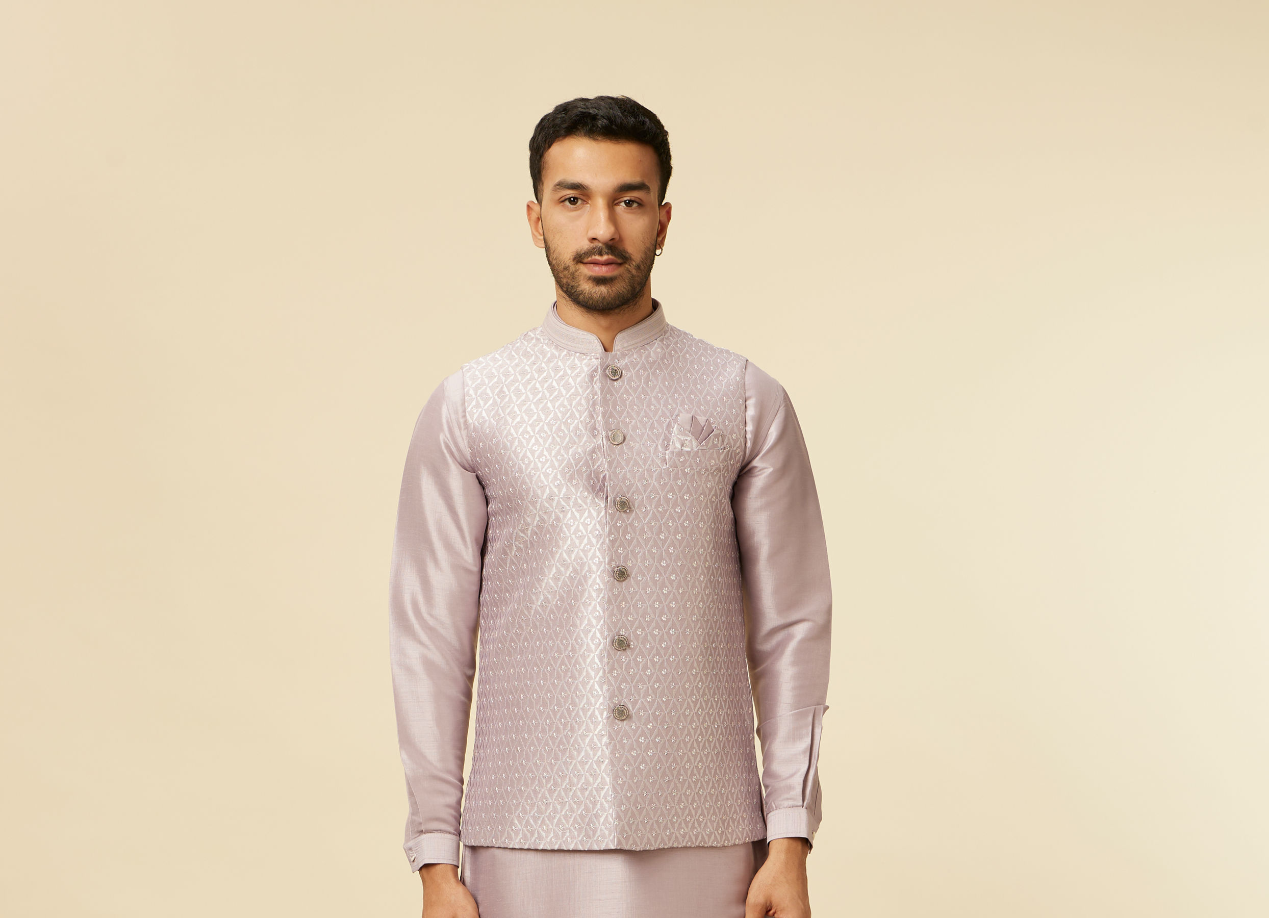 Twamev Men Lilac Kurta Jacket Set with Printed Motifs
