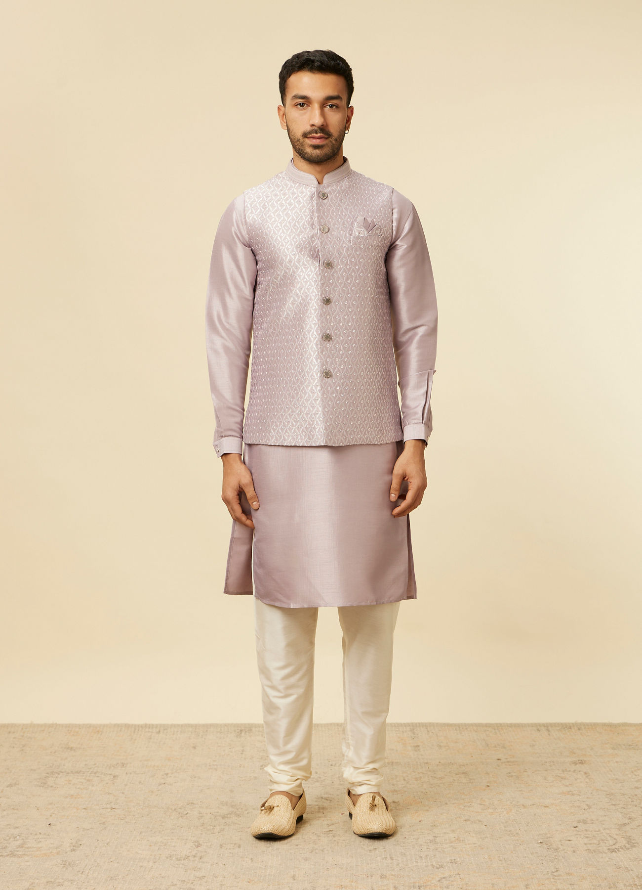 Twamev Men Lilac Kurta Jacket Set with Printed Motifs