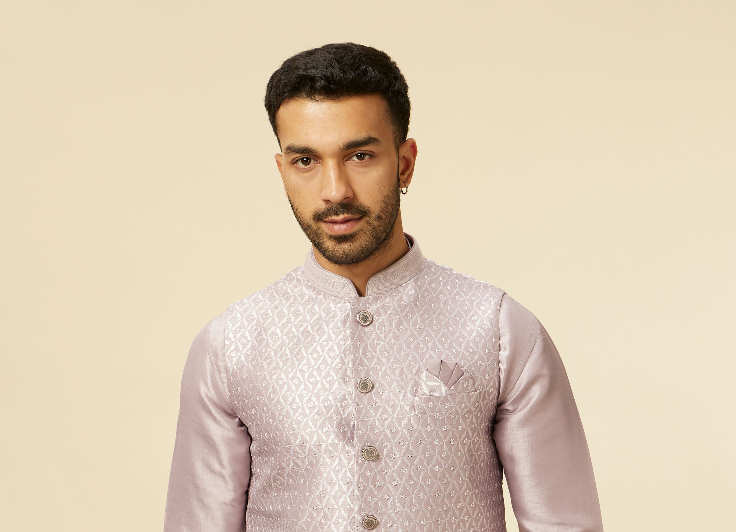 Twamev Men Lilac Kurta Jacket Set with Printed Motifs