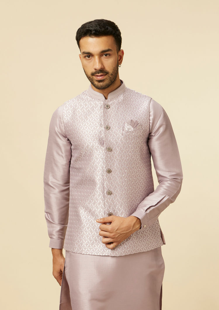 Twamev Men Lilac Kurta Jacket Set with Printed Motifs