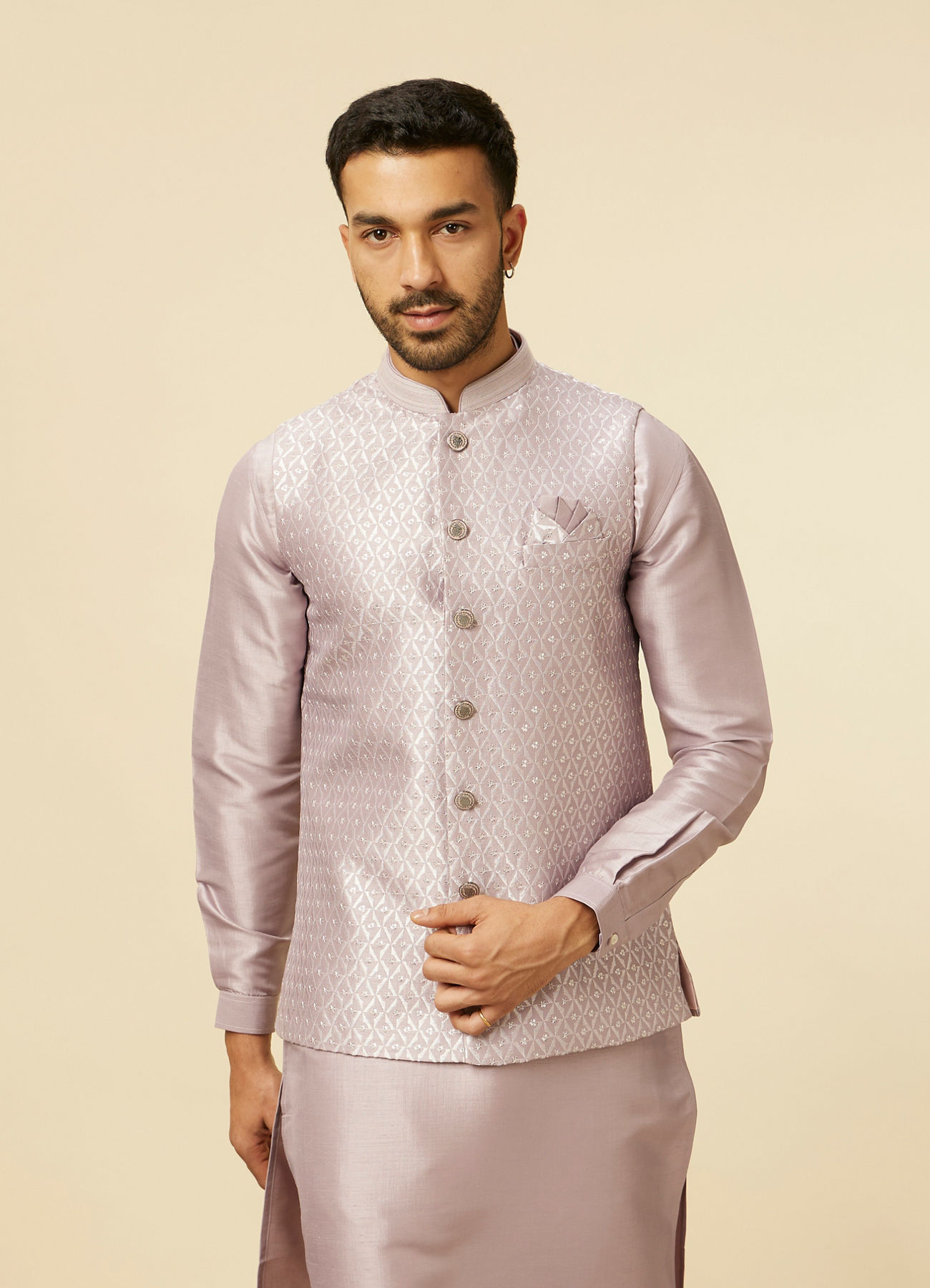Twamev Men Lilac Kurta Jacket Set with Printed Motifs