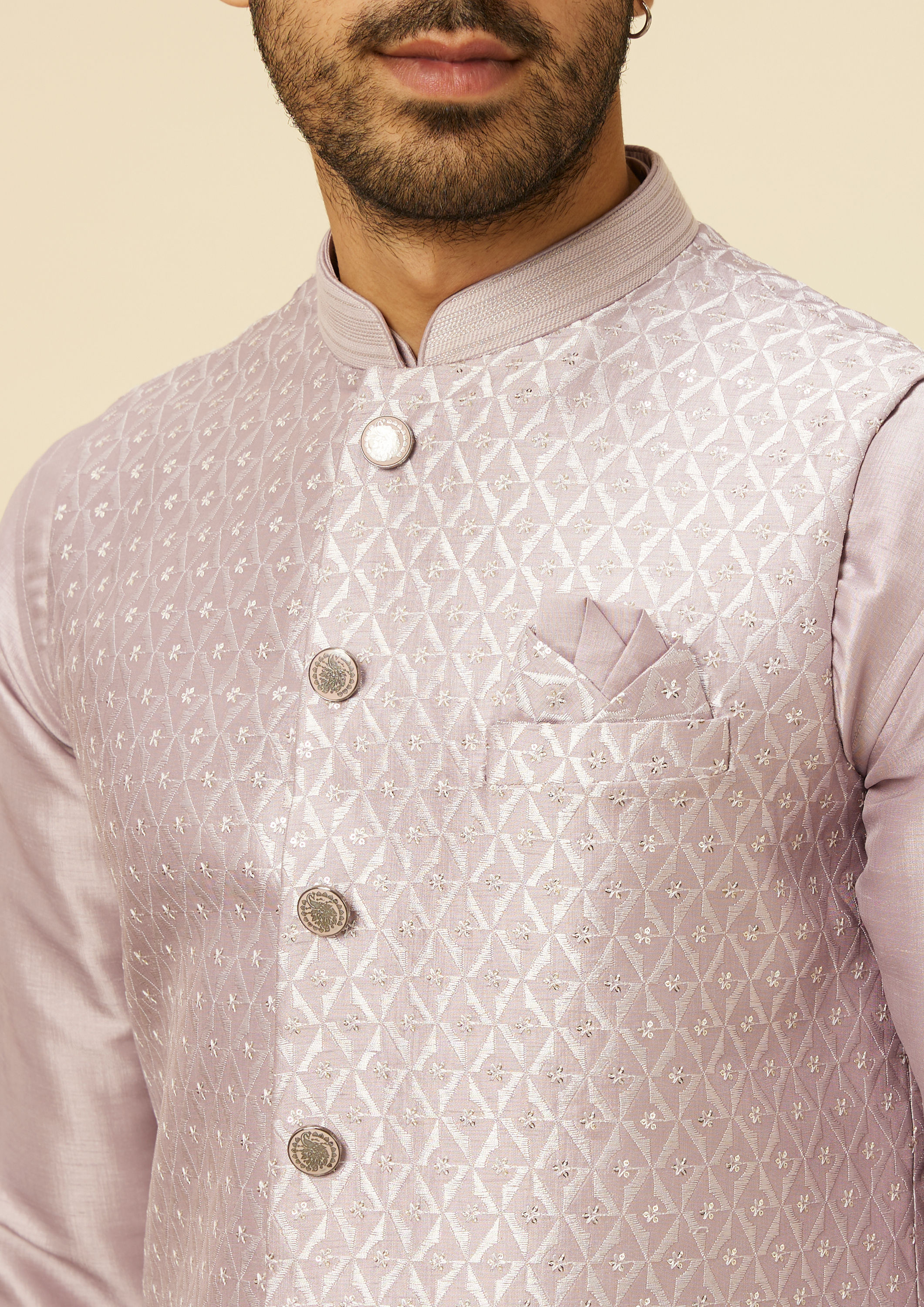 Twamev Men Lilac Kurta Jacket Set with Printed Motifs