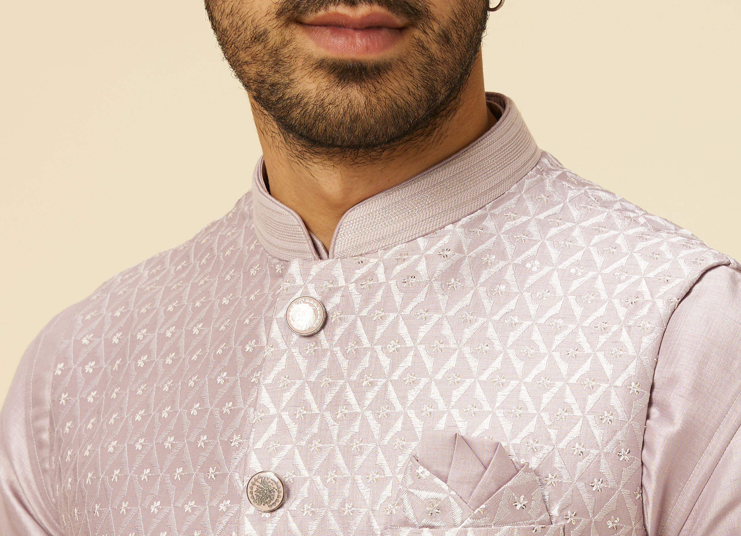 Twamev Men Lilac Kurta Jacket Set with Printed Motifs