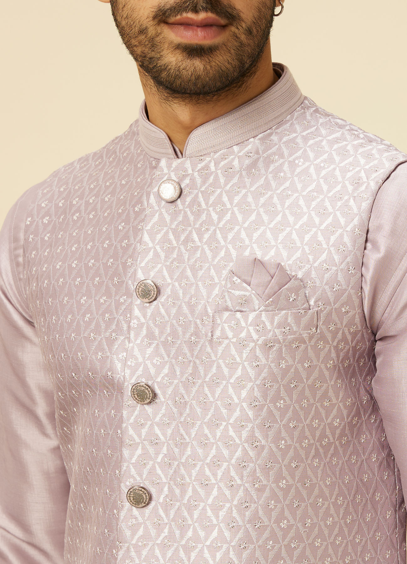 Twamev Men Lilac Kurta Jacket Set with Printed Motifs